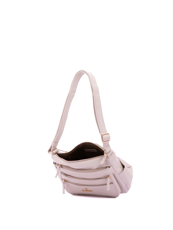 Bolso bandolera para mujer. El cierre es con cremallera. Los bolsillos internos son uno con cremallera y dos abiertos. Los bolsillos externos son tres delanteros con cremallera, dos laterales abiertos y uno trasero con cremallera. Falta la correa para el hombro. El asa es regulable en ecopiel. Hay dos compartimentos internos. El material exterior es ecopiel. Internamente está forrado en poliéster. Medidas: 27x20x14 cm. Producto de moda