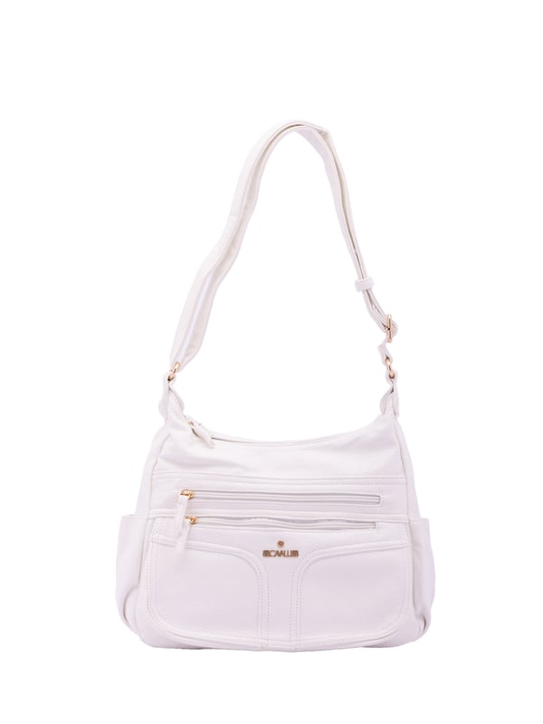 Bolso bandolera para mujer. El cierre es con cremallera. Los bolsillos internos son uno con cremallera y dos abiertos. Los bolsillos externos son dos frontales con cremallera, dos laterales con botón magnético y uno trasero con cremallera. Falta la correa para el hombro. El asa es regulable en ecopiel. Hay dos compartimentos internos. El material exterior es ecopiel. Internamente está forrado en poliéster. Medidas: 33x25x14 cm. Producto de moda