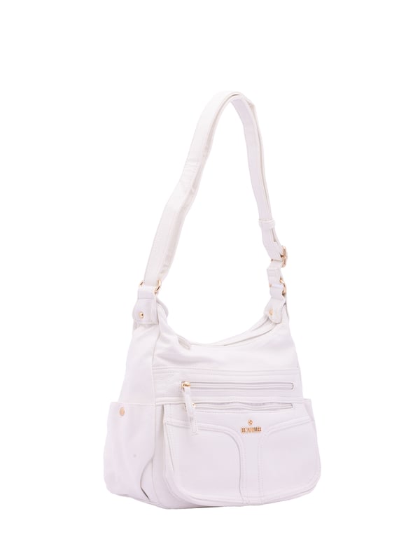 Bolso bandolera para mujer. El cierre es con cremallera. Los bolsillos internos son uno con cremallera y dos abiertos. Los bolsillos externos son dos frontales con cremallera, dos laterales con botón magnético y uno trasero con cremallera. Falta la correa para el hombro. El asa es regulable en ecopiel. Hay dos compartimentos internos. El material exterior es ecopiel. Internamente está forrado en poliéster. Medidas: 33x25x14 cm. Producto de moda