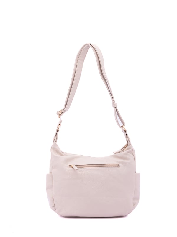 Bolso bandolera para mujer. El cierre es con cremallera. Los bolsillos internos son uno con cremallera y dos abiertos. Los bolsillos externos son uno frontal con cremallera, dos laterales abiertos y uno trasero con cremallera. Falta la correa para el hombro. El asa es regulable en ecopiel. Hay dos compartimentos internos. El material exterior es ecopiel. Internamente está forrado en poliéster. Medidas: 30x21x11 cm. Producto de moda