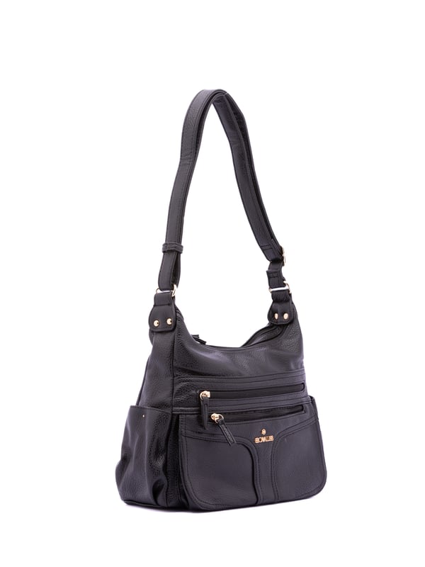 Bolso bandolera para mujer. El cierre es con cremallera. Los bolsillos internos son uno con cremallera y dos abiertos. Los bolsillos externos son dos frontales con cremallera, dos laterales con botón magnético y uno trasero con cremallera. Falta la correa para el hombro. El asa es regulable en ecopiel. Hay dos compartimentos internos. El material exterior es ecopiel. Internamente está forrado en poliéster. Medidas: 33x25x14 cm. Producto de moda