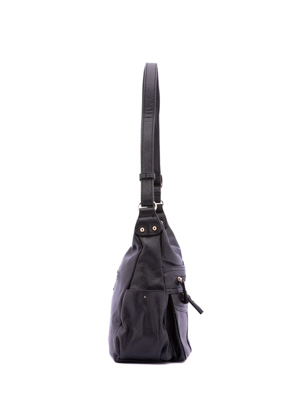 Bolso bandolera para mujer. El cierre es con cremallera. Los bolsillos internos son uno con cremallera y dos abiertos. Los bolsillos externos son dos frontales con cremallera, dos laterales con botón magnético y uno trasero con cremallera. Falta la correa para el hombro. El asa es regulable en ecopiel. Hay dos compartimentos internos. El material exterior es ecopiel. Internamente está forrado en poliéster. Medidas: 33x25x14 cm. Producto de moda