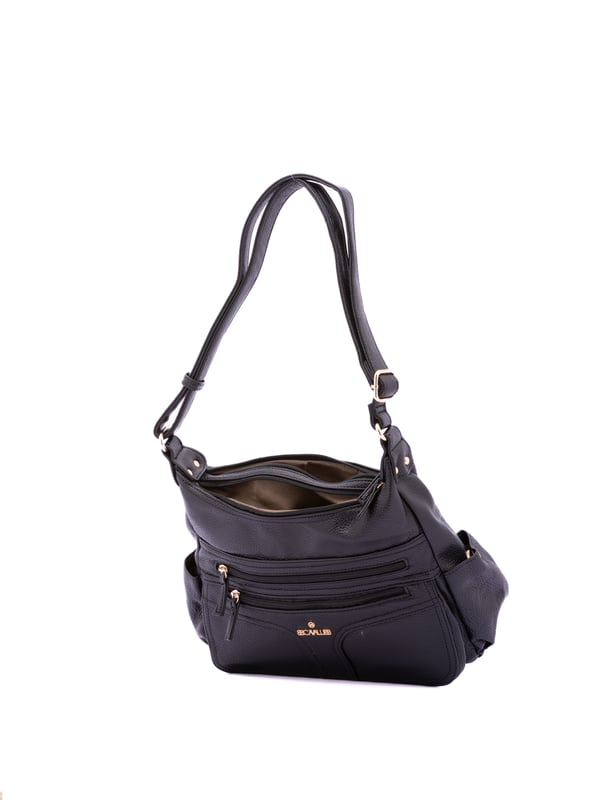 Bolso bandolera para mujer. El cierre es con cremallera. Los bolsillos internos son uno con cremallera y dos abiertos. Los bolsillos externos son dos frontales con cremallera, dos laterales con botón magnético y uno trasero con cremallera. Falta la correa para el hombro. El asa es regulable en ecopiel. Hay dos compartimentos internos. El material exterior es ecopiel. Internamente está forrado en poliéster. Medidas: 33x25x14 cm. Producto de moda