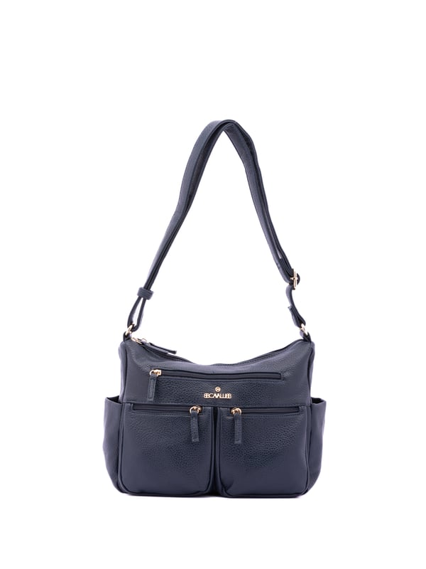 Bolso bandolera para mujer. El cierre es con cremallera. Los bolsillos internos son uno con cremallera y dos abiertos. Los bolsillos externos son tres delanteros con cremallera, dos laterales abiertos y uno trasero con cremallera. Falta la correa para el hombro. El asa es regulable en ecopiel. Hay dos compartimentos internos. El material exterior es ecopiel. Internamente está forrado en poliéster. Medidas: 30x21x12 cm. Producto de moda