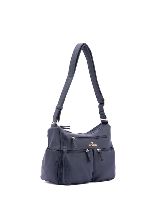 Bolso bandolera para mujer. El cierre es con cremallera. Los bolsillos internos son uno con cremallera y dos abiertos. Los bolsillos externos son tres delanteros con cremallera, dos laterales abiertos y uno trasero con cremallera. Falta la correa para el hombro. El asa es regulable en ecopiel. Hay dos compartimentos internos. El material exterior es ecopiel. Internamente está forrado en poliéster. Medidas: 30x21x12 cm. Producto de moda