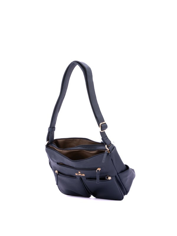Bolso bandolera para mujer. El cierre es con cremallera. Los bolsillos internos son uno con cremallera y dos abiertos. Los bolsillos externos son tres delanteros con cremallera, dos laterales abiertos y uno trasero con cremallera. Falta la correa para el hombro. El asa es regulable en ecopiel. Hay dos compartimentos internos. El material exterior es ecopiel. Internamente está forrado en poliéster. Medidas: 30x21x12 cm. Producto de moda