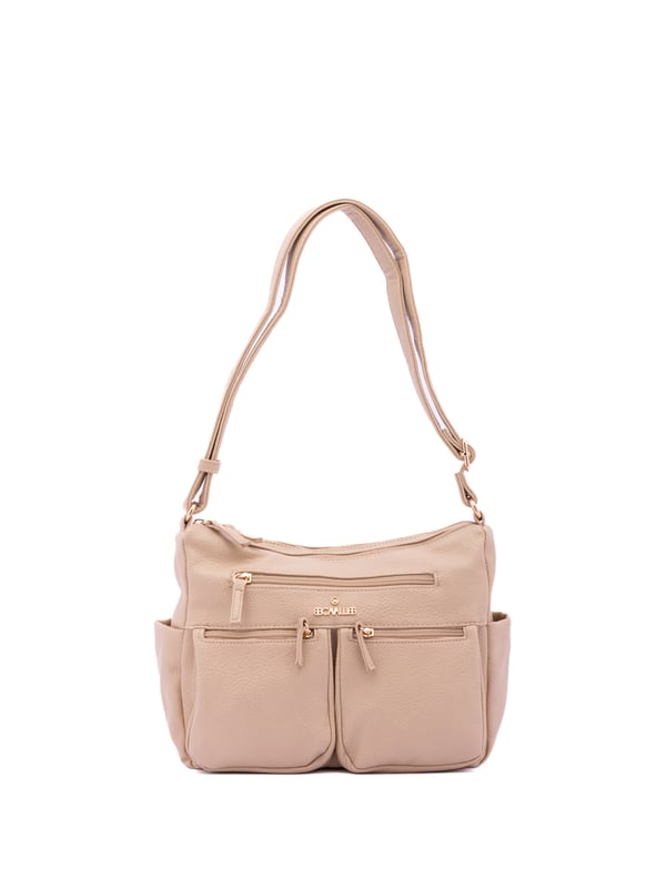Bolso bandolera para mujer. El cierre es con cremallera. Los bolsillos internos son uno con cremallera y dos abiertos. Los bolsillos externos son tres delanteros con cremallera, dos laterales abiertos y uno trasero con cremallera. Falta la correa para el hombro. El asa es regulable en ecopiel. Hay dos compartimentos internos. El material exterior es ecopiel. Internamente está forrado en poliéster. Medidas: 30x21x12 cm. Producto de moda