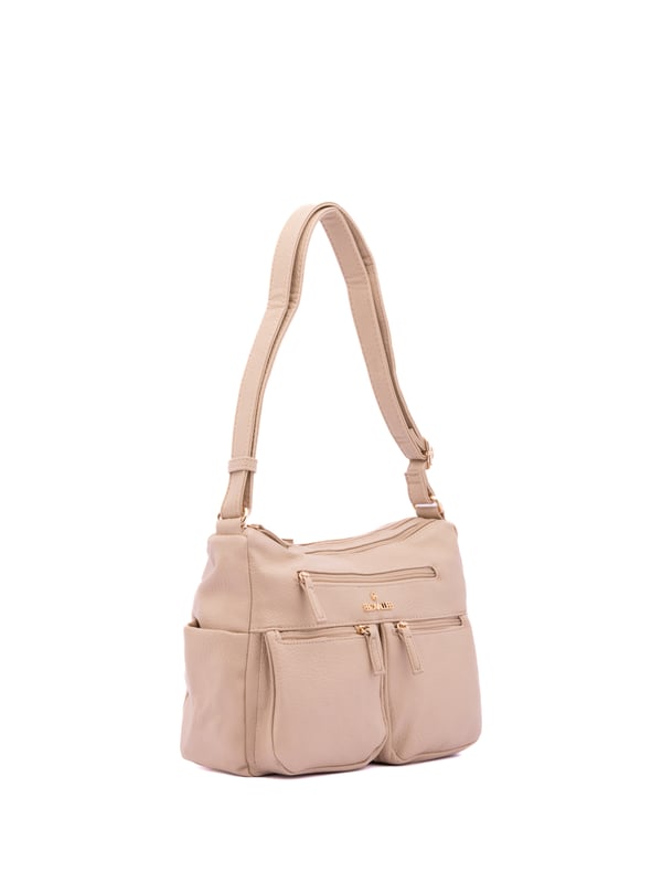 Bolso bandolera para mujer. El cierre es con cremallera. Los bolsillos internos son uno con cremallera y dos abiertos. Los bolsillos externos son tres delanteros con cremallera, dos laterales abiertos y uno trasero con cremallera. Falta la correa para el hombro. El asa es regulable en ecopiel. Hay dos compartimentos internos. El material exterior es ecopiel. Internamente está forrado en poliéster. Medidas: 30x21x12 cm. Producto de moda