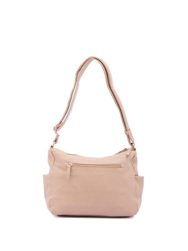 Bolso bandolera para mujer. El cierre es con cremallera. Los bolsillos internos son uno con cremallera y dos abiertos. Los bolsillos externos son tres delanteros con cremallera, dos laterales abiertos y uno trasero con cremallera. Falta la correa para el hombro. El asa es regulable en ecopiel. Hay dos compartimentos internos. El material exterior es ecopiel. Internamente está forrado en poliéster. Medidas: 30x21x12 cm. Producto de moda