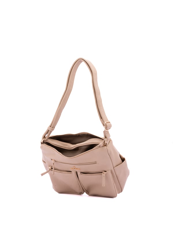 Bolso bandolera para mujer. El cierre es con cremallera. Los bolsillos internos son uno con cremallera y dos abiertos. Los bolsillos externos son tres delanteros con cremallera, dos laterales abiertos y uno trasero con cremallera. Falta la correa para el hombro. El asa es regulable en ecopiel. Hay dos compartimentos internos. El material exterior es ecopiel. Internamente está forrado en poliéster. Medidas: 30x21x12 cm. Producto de moda