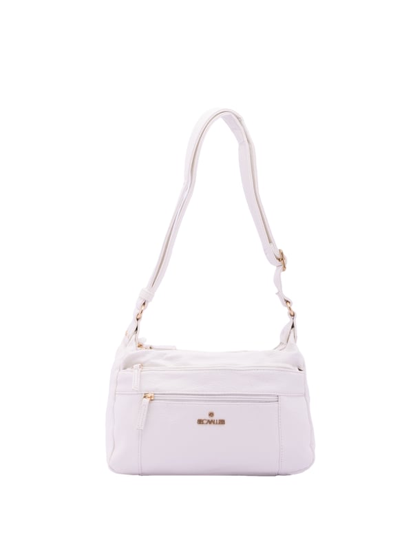 Bolso bandolera para mujer. El cierre es con cremallera. Los bolsillos internos son uno con cremallera y dos abiertos. Los bolsillos externos son dos delanteros con cremallera y uno trasero con cremallera. Falta la correa para el hombro. El asa es regulable en ecopiel. Hay dos compartimentos internos. El material exterior es ecopiel. Internamente está forrado en poliéster. Medidas: 30x20x10 cm. Producto de moda