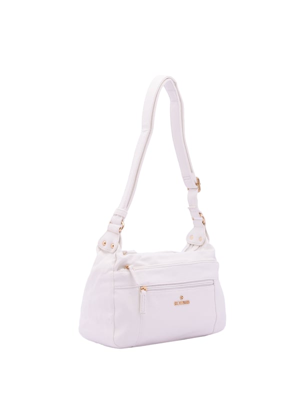 Bolso bandolera para mujer. El cierre es con cremallera. Los bolsillos internos son uno con cremallera y dos abiertos. Los bolsillos externos son dos delanteros con cremallera y uno trasero con cremallera. Falta la correa para el hombro. El asa es regulable en ecopiel. Hay dos compartimentos internos. El material exterior es ecopiel. Internamente está forrado en poliéster. Medidas: 30x20x10 cm. Producto de moda
