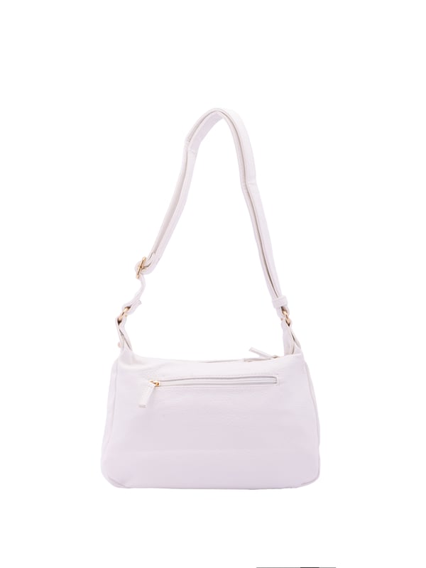 Bolso bandolera para mujer. El cierre es con cremallera. Los bolsillos internos son uno con cremallera y dos abiertos. Los bolsillos externos son dos delanteros con cremallera y uno trasero con cremallera. Falta la correa para el hombro. El asa es regulable en ecopiel. Hay dos compartimentos internos. El material exterior es ecopiel. Internamente está forrado en poliéster. Medidas: 30x20x10 cm. Producto de moda
