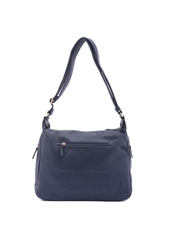 Bolso bandolera para mujer. El cierre es con cremallera. Los bolsillos internos son uno con cremallera y dos abiertos. Los bolsillos externos son uno en la espalda con cremallera. Falta la correa para el hombro. El asa es regulable en ecopiel. Hay dos compartimentos internos. El material exterior es ecopiel. Internamente está forrado en poliéster. Medidas: 35x26x11 cm. Producto de moda