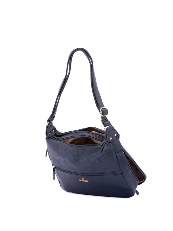 Bolso bandolera para mujer. El cierre es con cremallera. Los bolsillos internos son uno con cremallera y dos abiertos. Los bolsillos externos son uno en la espalda con cremallera. Falta la correa para el hombro. El asa es regulable en ecopiel. Hay dos compartimentos internos. El material exterior es ecopiel. Internamente está forrado en poliéster. Medidas: 35x26x11 cm. Producto de moda