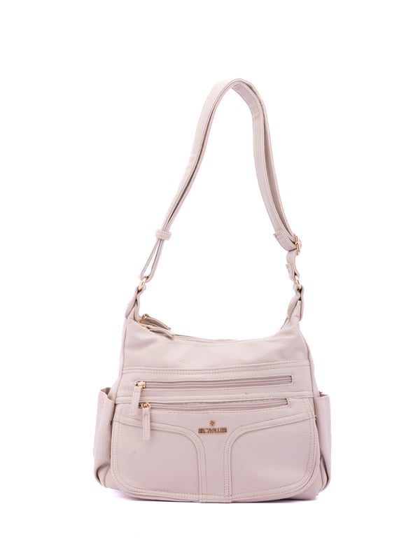 Bolso bandolera para mujer. El cierre es con cremallera. Los bolsillos internos son uno con cremallera y dos abiertos. Los bolsillos externos son dos frontales con cremallera, dos laterales con botón magnético y uno trasero con cremallera. Falta la correa para el hombro. El asa es regulable en ecopiel. Hay dos compartimentos internos. El material exterior es ecopiel. Internamente está forrado en poliéster. Medidas: 33x25x14 cm. Producto de moda