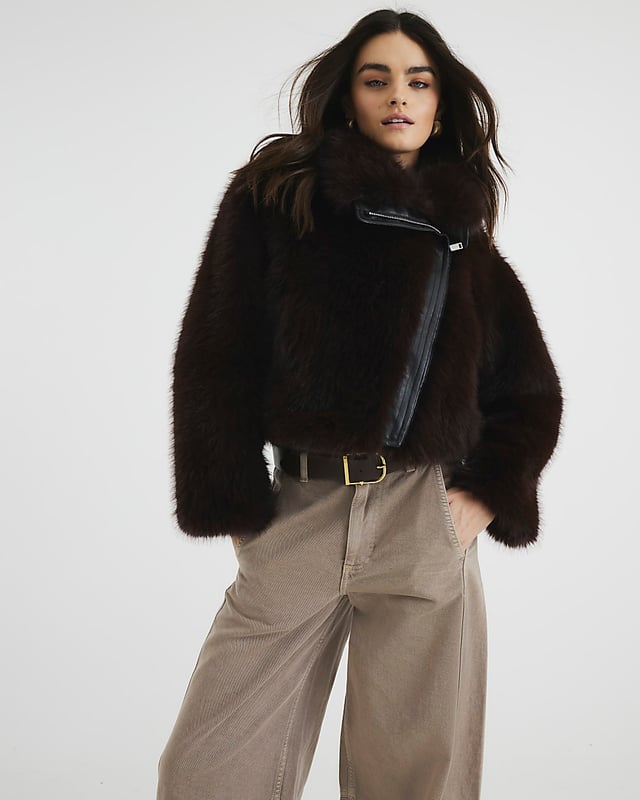 River Island Womens Biker Jacket Brown Faux Fur