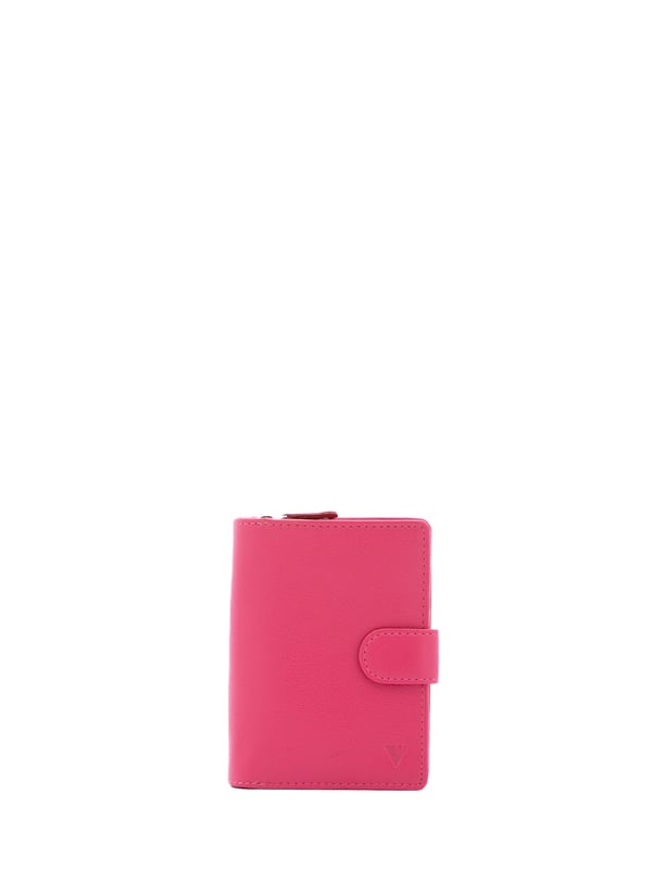 Cartera de mujer. El cierre es con botón de presión. Los bolsillos internos son uno con cremallera, tarjetero y porta billetes. Los bolsillos externos están ausentes. Falta la correa para el hombro. Falta el mango. Hay tres compartimentos internos. El material exterior es ecopiel. Internamente está forrado en poliéster. Medidas: 13x9,5x4 cm. Producto de moda