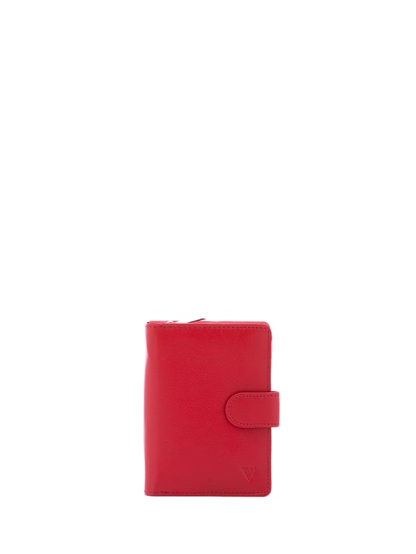 Cartera de mujer. El cierre es con botón de presión. Los bolsillos internos son uno con cremallera, tarjetero y porta billetes. Los bolsillos externos están ausentes. Falta la correa para el hombro. Falta el mango. Hay tres compartimentos internos. El material exterior es ecopiel. Internamente está forrado en poliéster. Medidas: 13x9,5x4 cm. Producto de moda