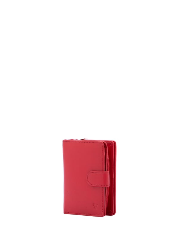 Cartera de mujer. El cierre es con botón de presión. Los bolsillos internos son uno con cremallera, tarjetero y porta billetes. Los bolsillos externos están ausentes. Falta la correa para el hombro. Falta el mango. Hay tres compartimentos internos. El material exterior es ecopiel. Internamente está forrado en poliéster. Medidas: 13x9,5x4 cm. Producto de moda