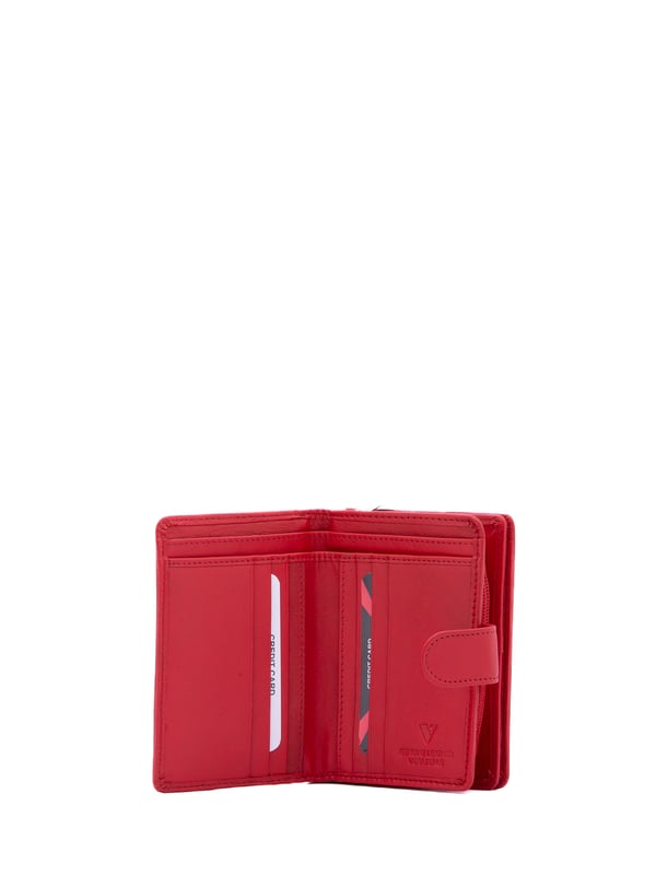 Cartera de mujer. El cierre es con botón de presión. Los bolsillos internos son uno con cremallera, tarjetero y porta billetes. Los bolsillos externos están ausentes. Falta la correa para el hombro. Falta el mango. Hay tres compartimentos internos. El material exterior es ecopiel. Internamente está forrado en poliéster. Medidas: 13x9,5x4 cm. Producto de moda