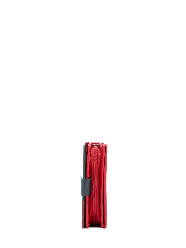 Cartera de mujer. El cierre es con botón de presión. Los bolsillos internos son uno con cremallera, tarjetero y porta billetes. Los bolsillos externos están ausentes. Falta la correa para el hombro. Falta el mango. Hay tres compartimentos internos. El material exterior es ecopiel. Internamente está forrado en poliéster. Medidas: 13x9x3 cm. Producto de moda