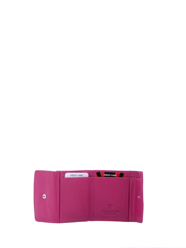 Damenbrieftasche mit Druckknopfverschluss. Innentaschen für Kartenhalter, Geldscheinhalter und Münzhalter. fehlende Außentaschen. fehlender Schultergurt. fehlender Griff. zwei Innenfächer.  Außenmaterial. Innen mit Polyester gefüttert. Maße: 9x8x2 cm. Modeprodukt