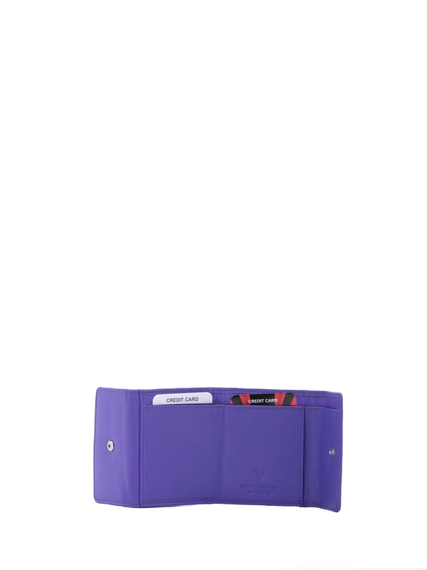 Cartera de mujer. El cierre es con botón de presión. Los bolsillos internos son tarjeteros para billetes y monedas. Los bolsillos externos están ausentes. Falta la correa para el hombro. Falta el mango. Hay dos compartimentos internos. El material exterior es ecopiel. Internamente está forrado en poliéster. Medidas: 9x8x2 cm. Producto de moda