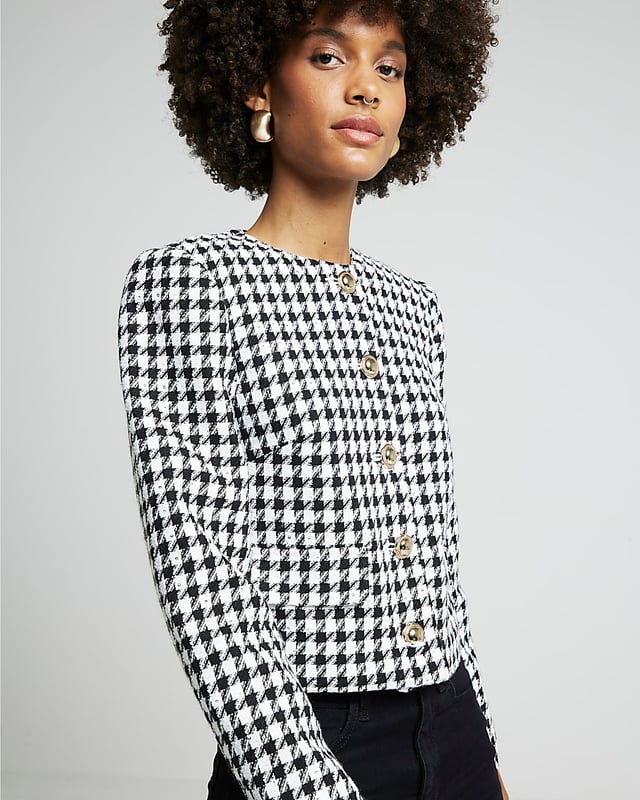 River Island Womens Trophy Jacket Black Boucle Dogtooth Cropped