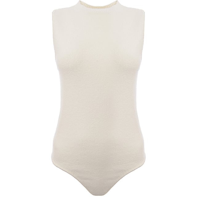 RAEY Womens Boucle Knit Body in White 62% cotton, 37% polyamide, 1% elastane. Raey's bodysuit is knitted from cotton-blend boucle and shaped to a high neck, then turns to reveal a circular cutout.