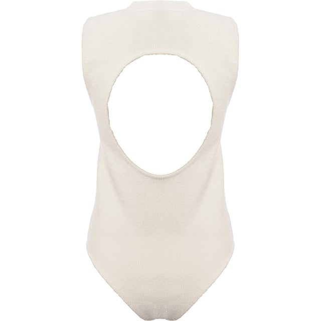 RAEY Womens Boucle Knit Body in White 62% cotton, 37% polyamide, 1% elastane. Raey's bodysuit is knitted from cotton-blend boucle and shaped to a high neck, then turns to reveal a circular cutout.
