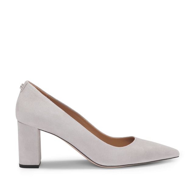 Women's Boss Janet Suede Pumps in Grey Classic chunky pointed pump in suede leather. Feminine style with 70mm high heel on the Janet structure. Responsible style. New ivy stud detail with BOSS logo detail on the back to create a seasonal story with accessories and other styles.