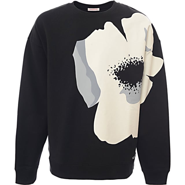 100% Cotton Black cotton floral print to the front, crew neck, drop shoulder, long sleeves and ribbed cuffs and hem