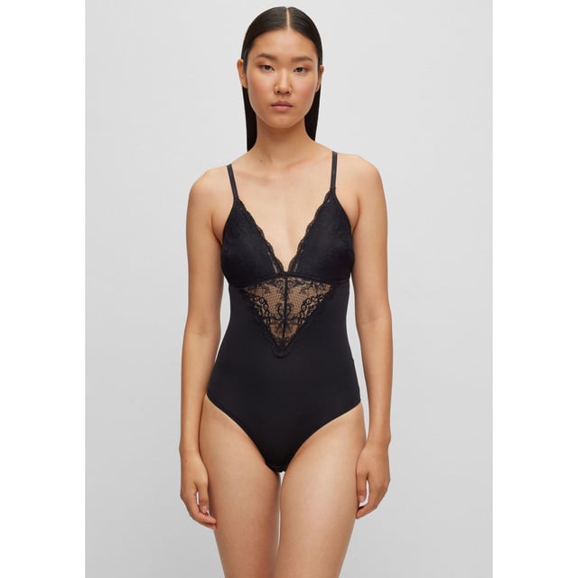 Womens BOSS Lace Detail Bodysuit in black- Tight fit- Lightly padded moulded cups- V-neck- Thin adjustable straps- Lace insert on cups and underbust.- 90% Polyamide  10% Elastane.  Hand wash- Ref: 50502631-001