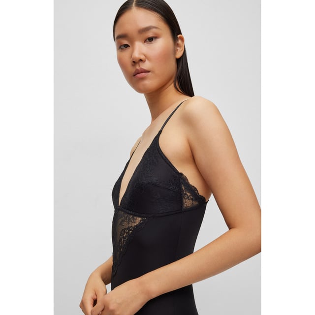 Womens BOSS Lace Detail Bodysuit in black- Tight fit- Lightly padded moulded cups- V-neck- Thin adjustable straps- Lace insert on cups and underbust.- 90% Polyamide  10% Elastane.  Hand wash- Ref: 50502631-001