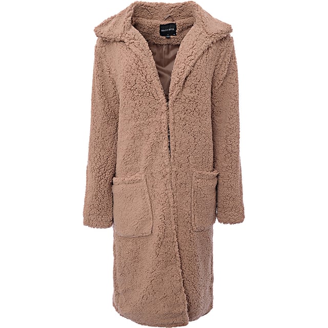 Main: 100% Polyester. The Brave Soul heavenly longline coat in borg stylish and cozy . Its plush borg material is perfect for those chilly days.