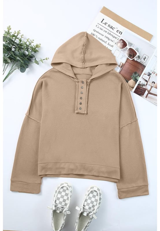 Relax on the weekend in this Casual Button Solid Patchwork Trim Hoodie
  Made of soft fabric in pure color with patchwork design and exposed seam trimming
  Features buttoned neckline drop shoulders wide straight sleeves and a relaxed fit
  Theres a series of popular color options to choose from so well
  received by the most
  Dropship hoodies are fashion essentials for fall and winter comfortableness
Material: 56% Cotton 44% Polyester