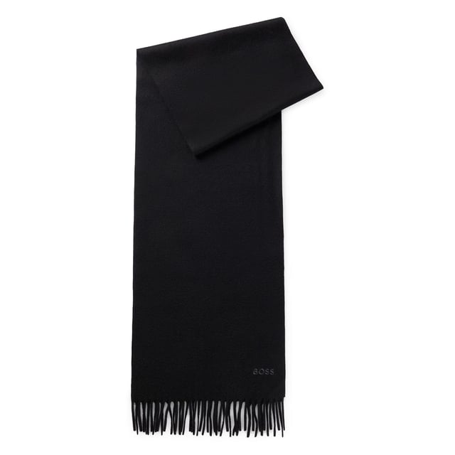Heren BOSS Scottas sjaal van Italiaans kasjmier met franjes en geborduurd logo in zwart.Een kenmerkende sjaal met een geborduurd logo van BOSS. Met zachte franjes is dit accessoire gemaakt van 100% Italiaans kasjmier.- Afmetingen: 190 x 28cm.- 100% kasjmier.  Handwas- Ref: 50519832-001