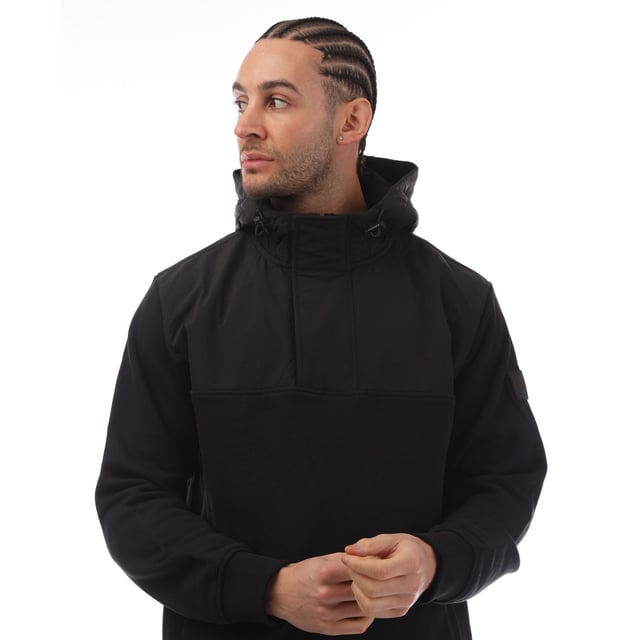Mens BOSS Relaxed-Fit Hoodie in black.- Fixed drawstring hood.- Quarter zip and popper fastening.- Twin side pockets.- Ribbed hem and cuffs.- Nylon shoulder insert.- Relaxed fit.- Main material: 100% Cotton.  Lining: 100% Polyamide.- Ref: 50523936001