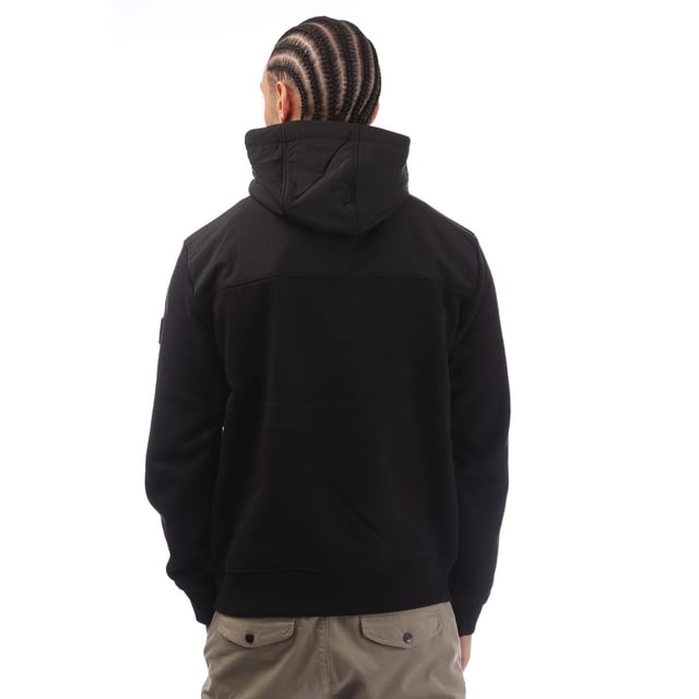 Mens BOSS Relaxed-Fit Hoodie in black.- Fixed drawstring hood.- Quarter zip and popper fastening.- Twin side pockets.- Ribbed hem and cuffs.- Nylon shoulder insert.- Relaxed fit.- Main material: 100% Cotton.  Lining: 100% Polyamide.- Ref: 50523936001