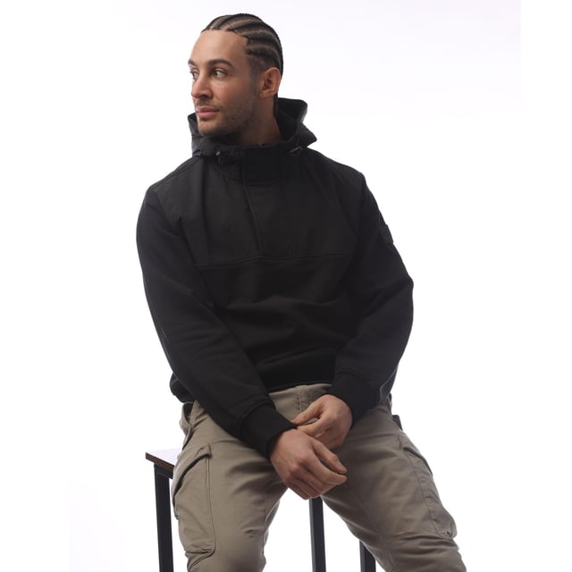 Mens BOSS Relaxed-Fit Hoodie in black.- Fixed drawstring hood.- Quarter zip and popper fastening.- Twin side pockets.- Ribbed hem and cuffs.- Nylon shoulder insert.- Relaxed fit.- Main material: 100% Cotton.  Lining: 100% Polyamide.- Ref: 50523936001