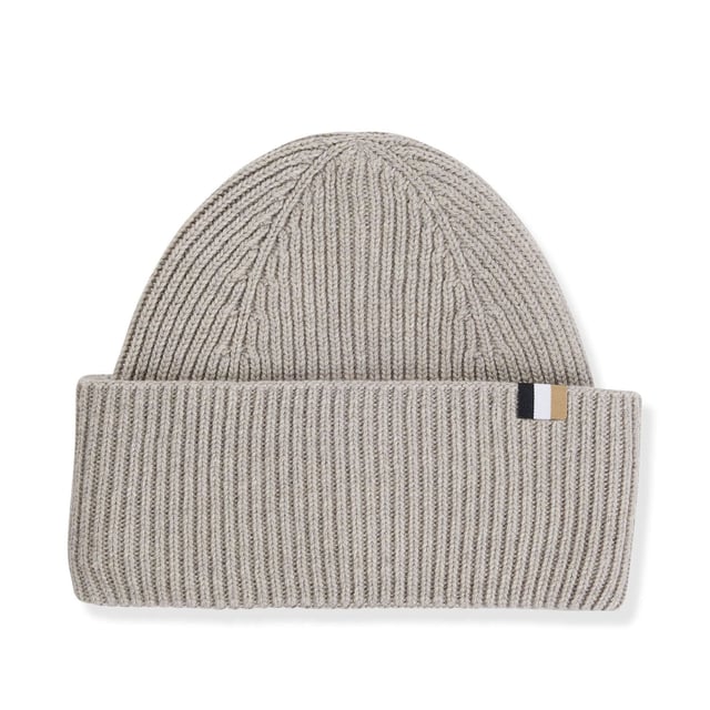 Womens BOSS Laura Ribbed beanie hat with signature-stripe trim in light grey.A super-soft beanie hat by BOSS. Featuring a signature-stripe trim  this knitted accessory is crafted in a ribbed blend with wool and cashmere.  Main material: 35% Polyamide  30% Wool (16% recycled)  30% Viscose  5% Cashmere.  Hand wash.Ref: 50497808-099