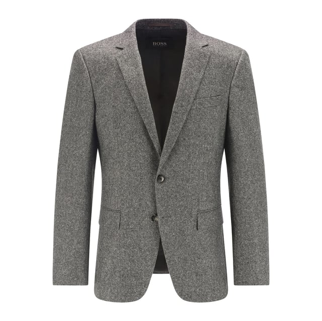 Men's Boss H-Hutson Blazer Jacket. The Boss blazer, part of the formal collection, is crafted for a sophisticated appearance. Featuring a notch lapel collar and elbow patches, it exudes elegance. The jacket is designed in a slim fit, adorned with a melange texture and includes practical pockets.- Single breasted blazer.- Notched lapel.- Fully lined.- Two-button closure at front.- Welt pocket by the left chest.- Flap pockets at waist.- Slim fit.