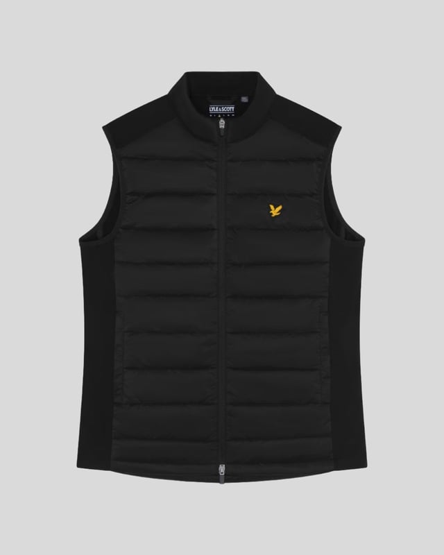 Our sophisticated Wadded Golf Gilet looks good on and off the course. Cut from a wind-proof shell, the light insulation keeps you warm without weighing you down. The elastane-blend side panels provide flexibility and stretch so you can work on your swing without restrictions.- Lockdown front zip fastening
- Overlapped zip guard 
- Zipped side pockets
- Signature Lyle &amp; Scott silicon logo
- Contrast black side panels
- Composition: Body: 42% elastomultiester, 58% polyester Panel: 18% elastane, 82% nylon