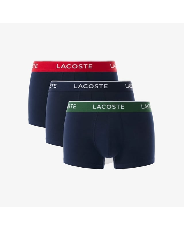 The essential underwear of Lacoste wardrobe.A set of 3 pack trunks made from cotton stretch ensure you maximum comfortRegular fit: regular ease on body, hip and legAllover Branded Waistband with white wordingNo branding