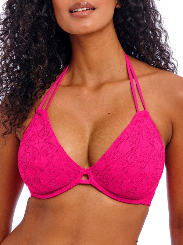 Freya Nomad Nights Halter Bikini Top. With a plunge neckline, crochet overlay and adjustable halter tie straps. This product is recommended as hand wash only.