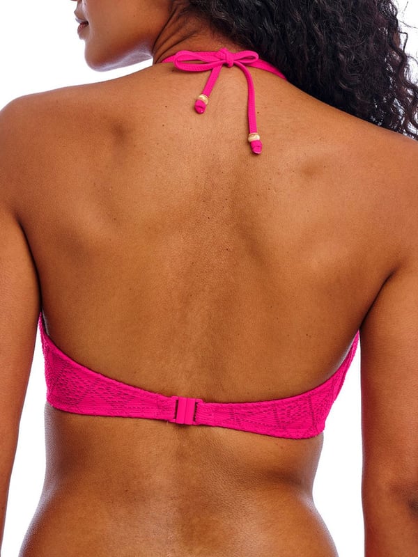 Freya Nomad Nights Halter Bikini Top. With a plunge neckline, crochet overlay and adjustable halter tie straps. This product is recommended as hand wash only.