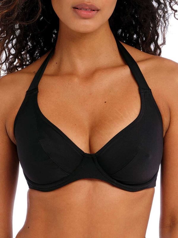 Freya Jewel Cove Underwired Halter Bikini Top. With a plunge neckline, powernet lined cups and fixed halter neck ties. Product is hand wash only.