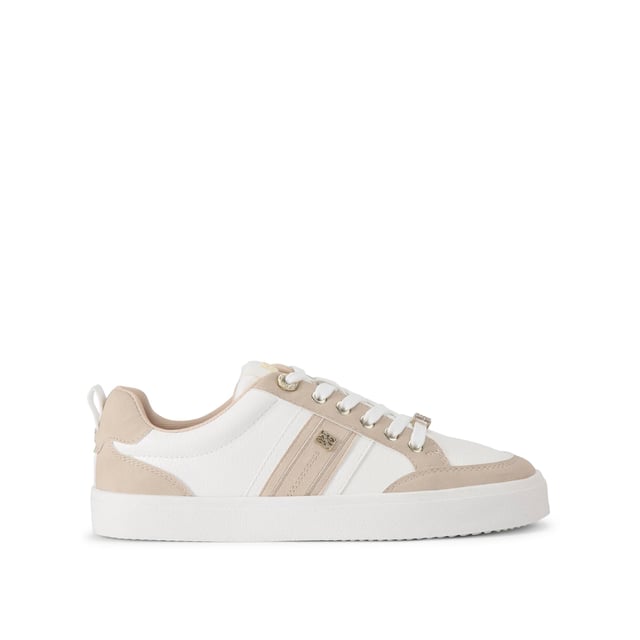The KG Kurt Geiger Lindsey is a lace up sneaker crafted in taupe and white. There are gold tone branding details seen across the upper.