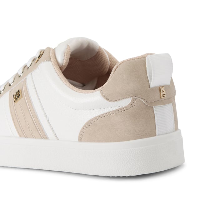 The KG Kurt Geiger Lindsey is a lace up sneaker crafted in taupe and white. There are gold tone branding details seen across the upper.